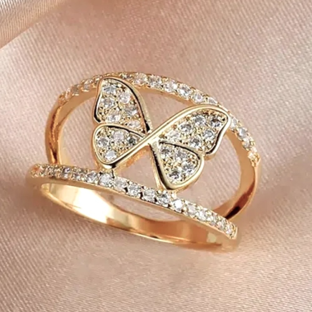 Beautiful 18k Yellow Gold Over Sterling Silver White Sapphires Butterfly Ring - Picture 3 of 5